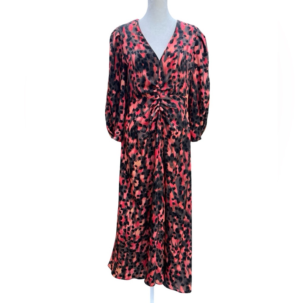 DKNY Red Ruched-Front Printed Satin Midi Dress Balloon Sleeves Sz M V-Neck Flowy